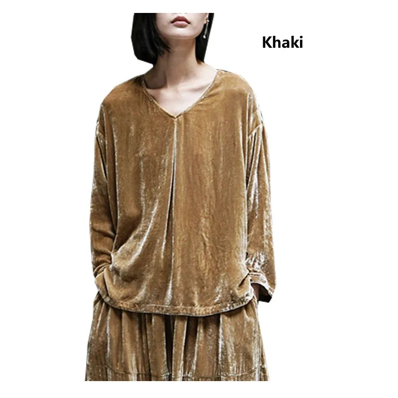 Original Design Spring Autumn Women's Mulberry Silk Velvet V-neck Pullover Loose Large Size Pleated Shirt Smooth Glossy Clothes