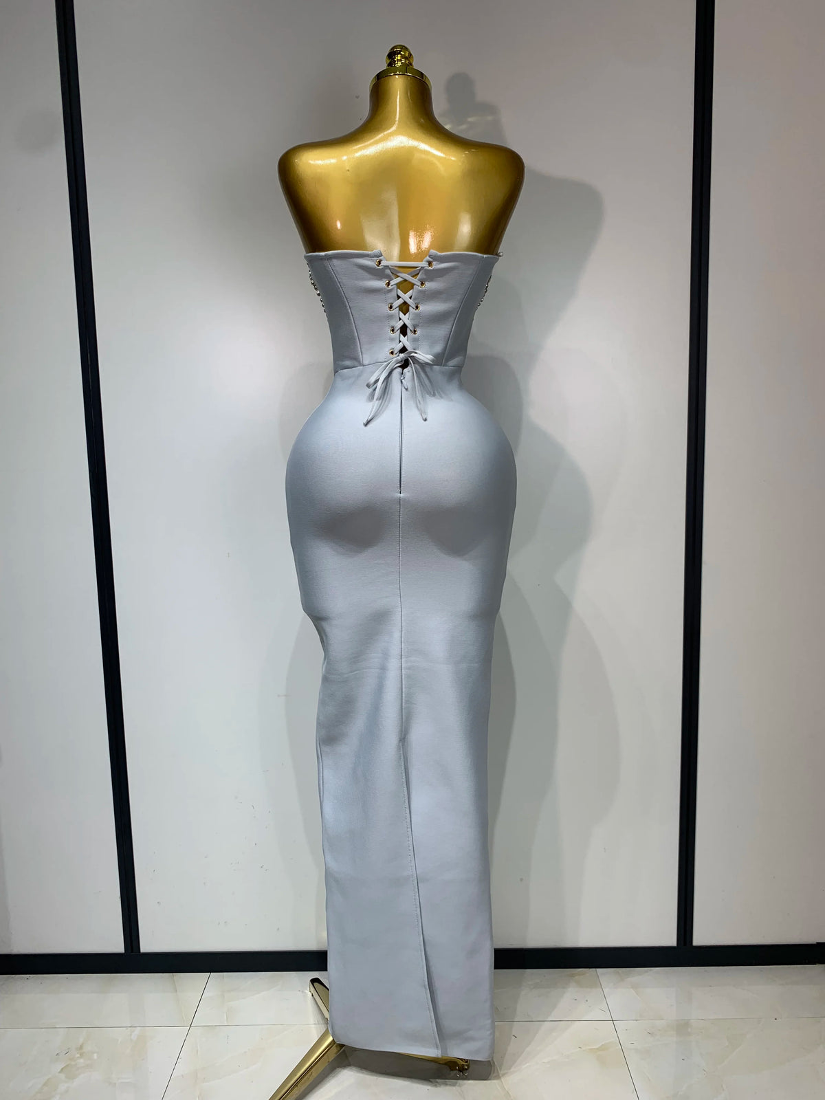 Women Sexy Strapless Backless Long Bandage Dress Fashion Light Grey Sleeveless Beading Cocktail Party Luxury Birthday Gown