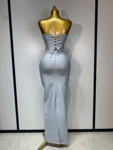 Women Sexy Strapless Backless Long Bandage Dress Fashion Light Grey Sleeveless Beading Cocktail Party Luxury Birthday Gown