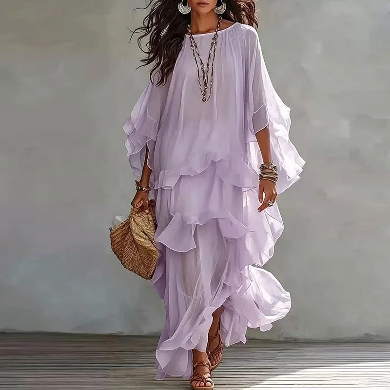 Vintage Solid Tiered Ruffle Mesh Dress Women Crew Neck Loose Batwing Sleeve Sheer Maxi Dress Elegant Holiday Travel Casual Dress