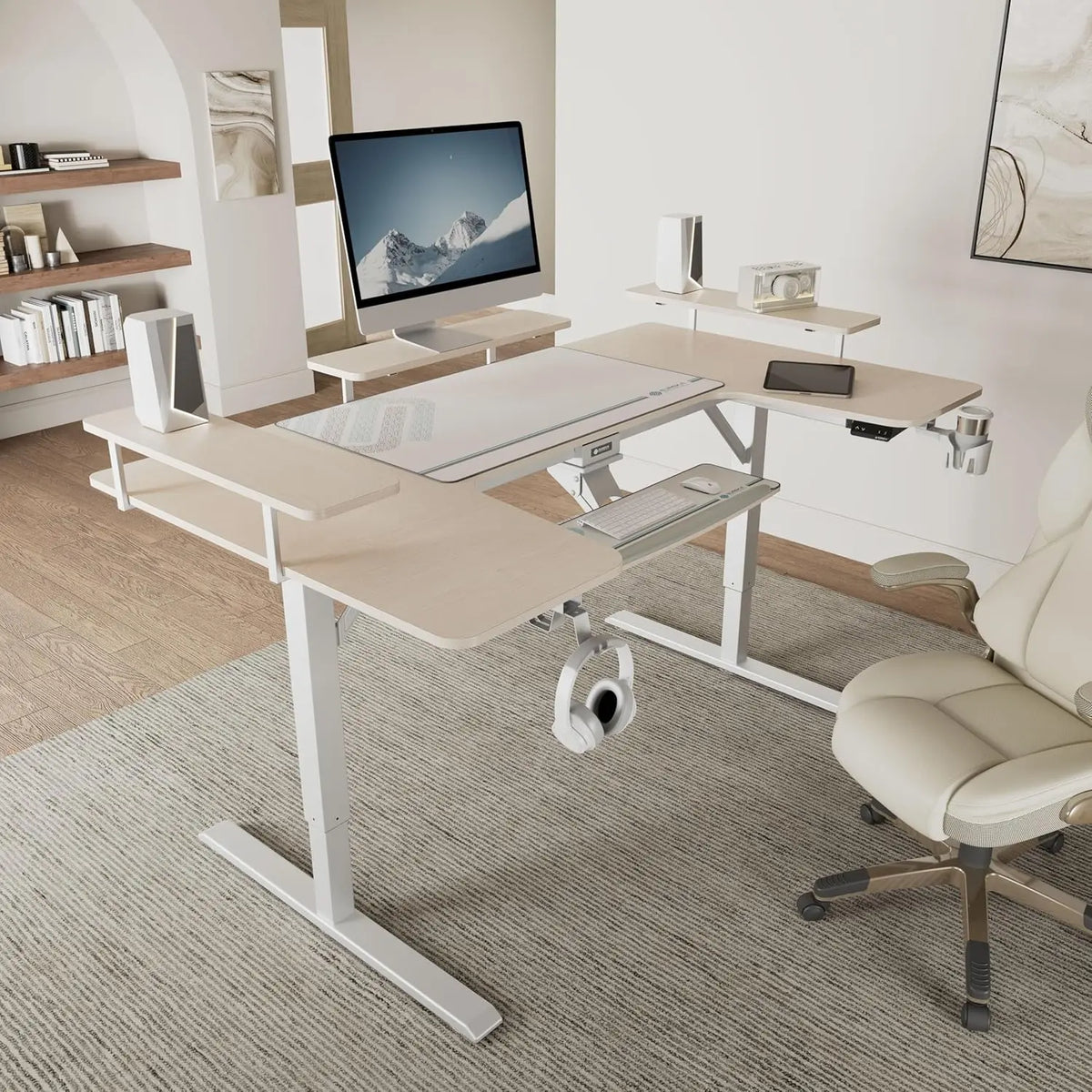 74" U Shaped Electric Height Adjustable Gaming Desk w Keyboard Tray LED Shelves Recording Live Studio Maple,Custom