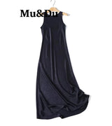 Elegant Backless Round Neck Long Dress Women's Fashion Minimalist Style Draped Polyester Fiber Sleeveless Skirt City Commute
