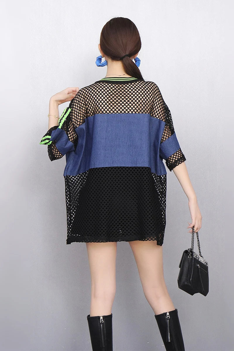 2025 Spring Summer New Fashion Women Mesh Flower Loose T-shirts Short Sleeve Top Female Wholesale J1187