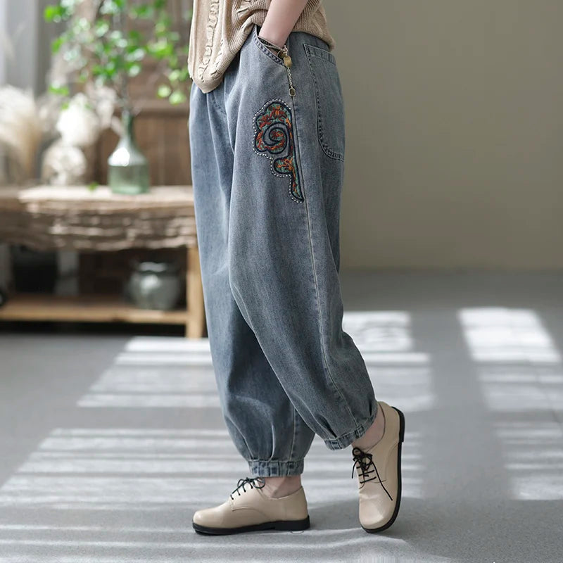 Spring Fall New Arrival Ethnic Style Embroidered Jeans Women Loose Casual Denim Harem Pants Elastic High Waist Female Trousers