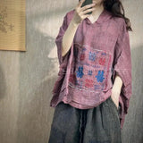 New Arrival Summer Arts Style Women Batwing Sleeve Loose Tops Tees Vintage Embroidery Cotton Linen Hooded T-shirt High Quality