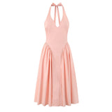 YENKYE Sexy Backless Green Elegant Halter Dress For Women Low Waist A-line Midi Summer Evening Party Dresses Cotton Robe