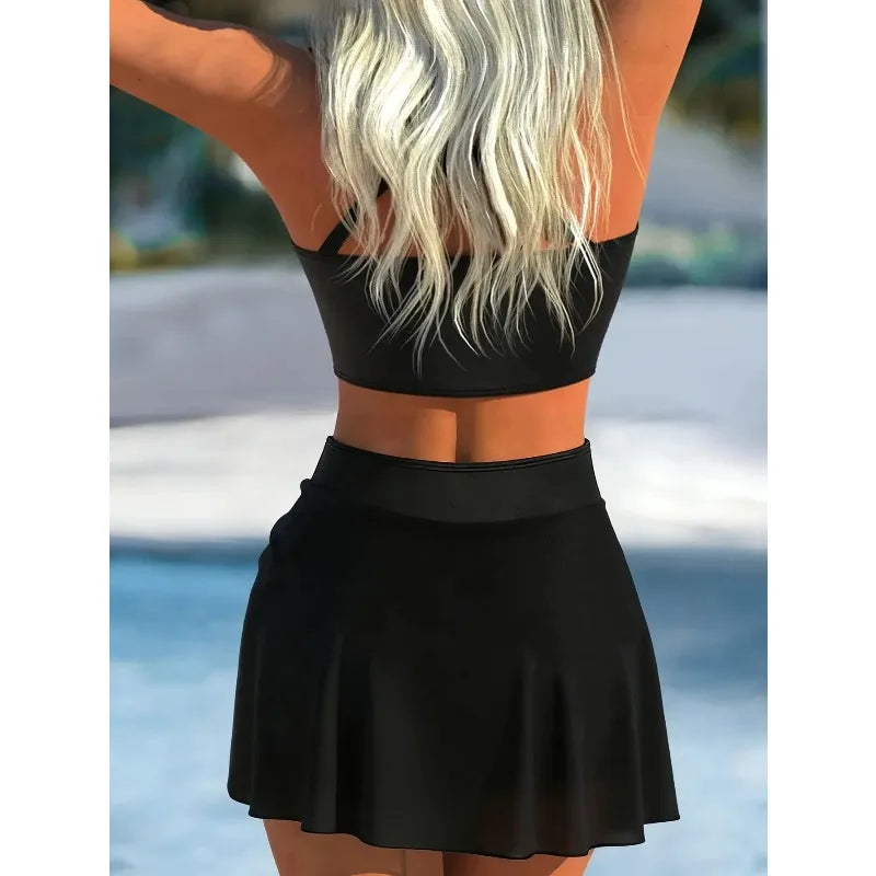Vintage Black Two Piece Bathing Suit Women Pleate Drawstring Push Up High Waist Skirt Swimwear Beach Womens Bikini Set Swimsuit