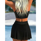 Vintage Black Two Piece Bathing Suit Women Pleate Drawstring Push Up High Waist Skirt Swimwear Beach Womens Bikini Set Swimsuit