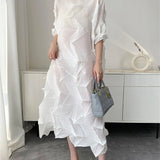 LANMREM Pleated Long Dress For Women Elastic Loose Irregular Pleated Stand Collar Pullover Famale Clothing Half Sleeve 2DB4256