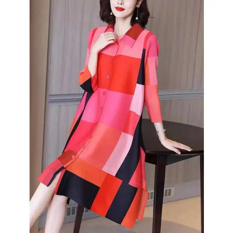LANMREM Patchwork Color Pleated Dress Women Fashion tide 2025 New Lapel Single Breasted Long Sleeve Casual Loose Dresses 2DE683