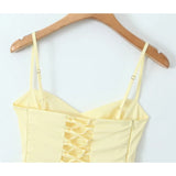 YENKYE Sexy Elegant Women Fishbone Waist Shaping Sling Mini Dress Lace Up Back Fit And Flare Summer Party Dresses Yellow Robe