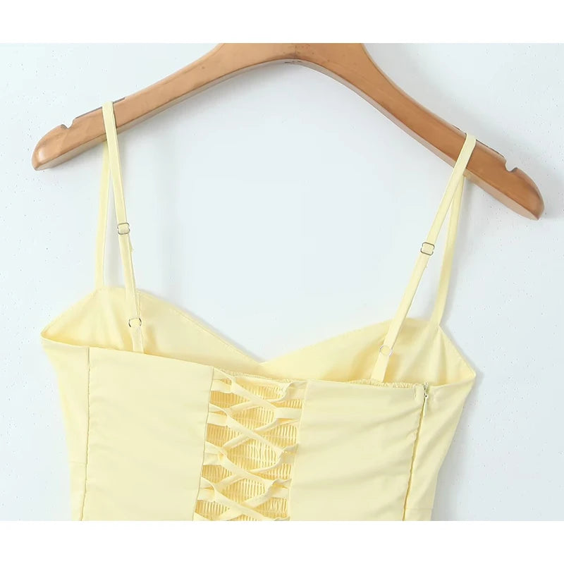 YENKYE Sexy Elegant Women Fishbone Waist Shaping Sling Mini Dress Lace Up Back Fit And Flare Summer Party Dresses Yellow Robe