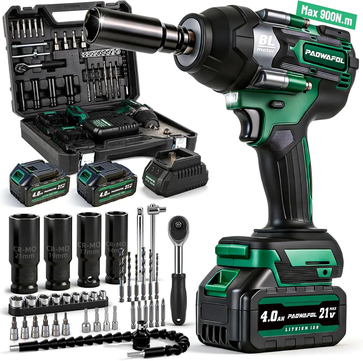 1/2 Impact Wrench 665 Ft-lbs, 21V Cordless with 2 Batteries, Drill Bits & Sockets Set for Car Tire Lug Nut