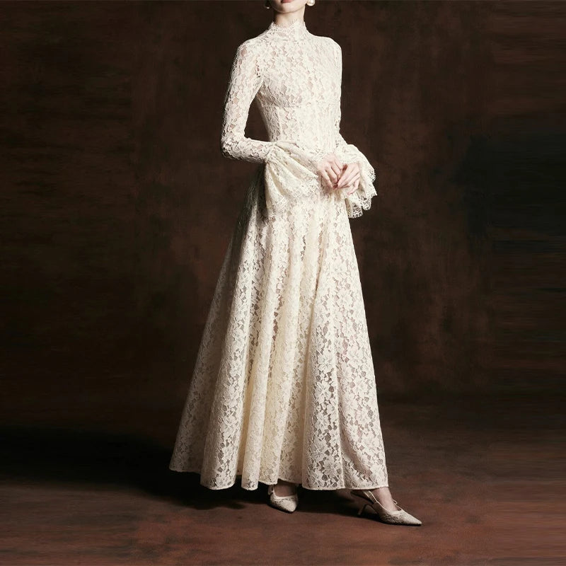 Elegant French Lace Maxi Dress Modest Vintage Trendy Women's Dresses Evening Party Wedding Guest Formal Street Soft Wear