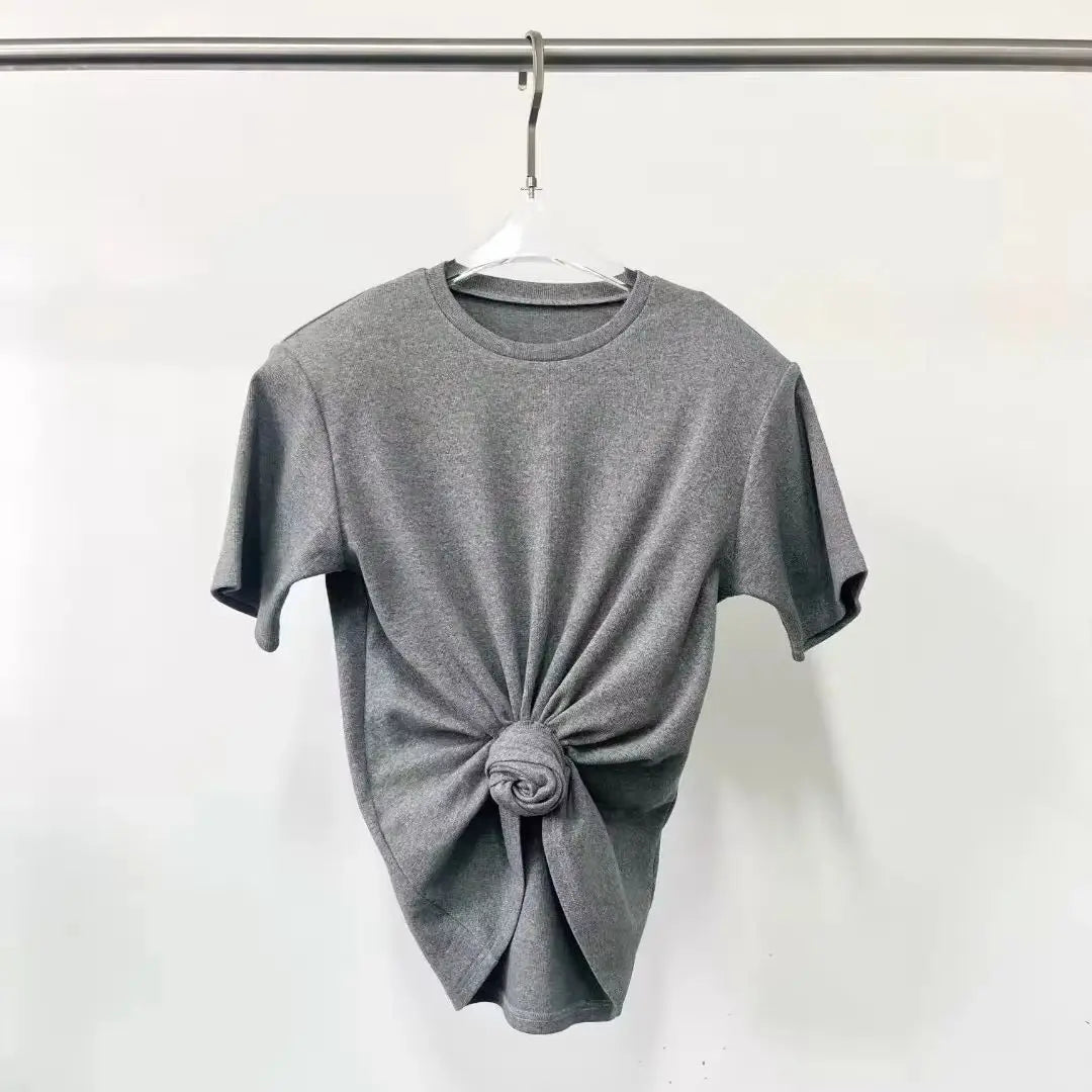 Y2k Knotted Twist Tee Women's T-Shirt Summer New Elastic Short Sleeved Solid Color Top Round Neck Pullover Pure Cotton Crop Top