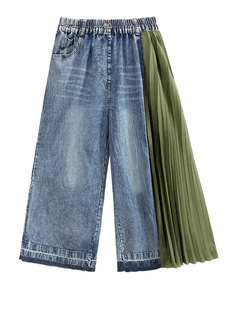 [EAM] High Waist Army Green Denim Pleated Long Wide Leg Jeans New Loose Women Trousers Fashion Tide Spring Autumn 2026 1DF7325