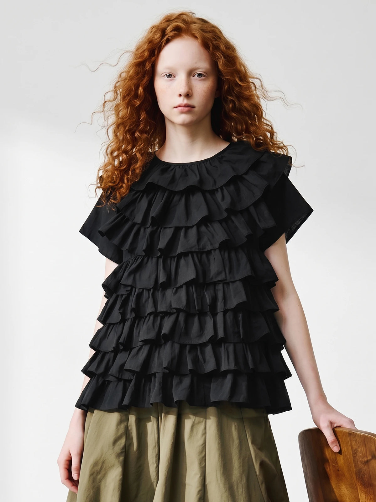 imakokoni Women's T‑shirts and Polos Summer Black Cake Layered Multi‑layer Ruffled Short Sleeve Casual Female Clothing Tops
