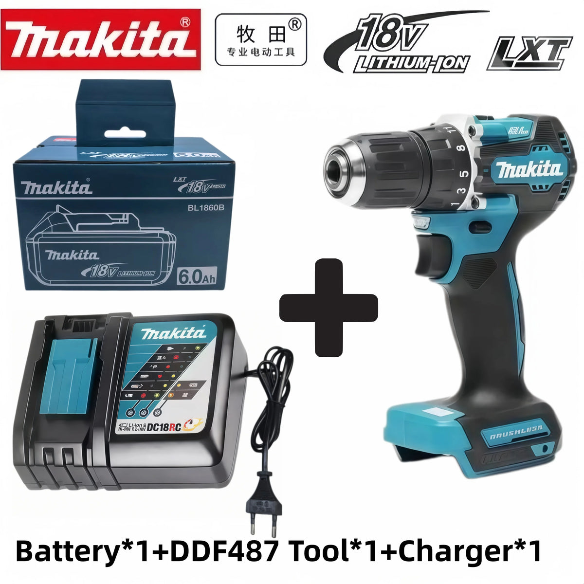 Original Makita 18V DDF487 Brushless Cordless Drill, Electric Screwdriver With 6.0Ah Battery Various Complete Packages