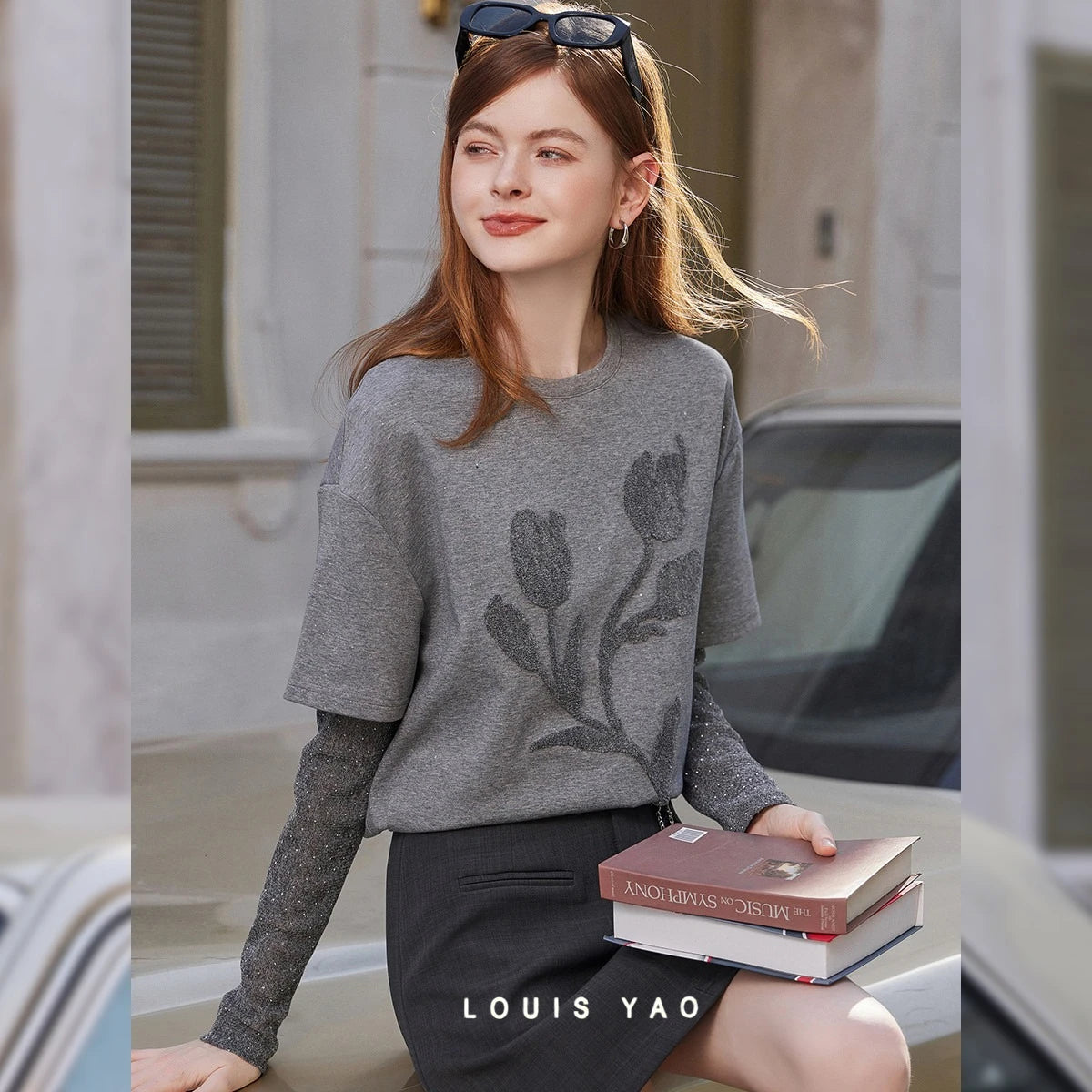 LOUIS YAO British Style Layered-Look Women's T-Shirt 2026 Spring Crew Neck Pullover Bouquet Pattern Long-Sleeve T-Shirt