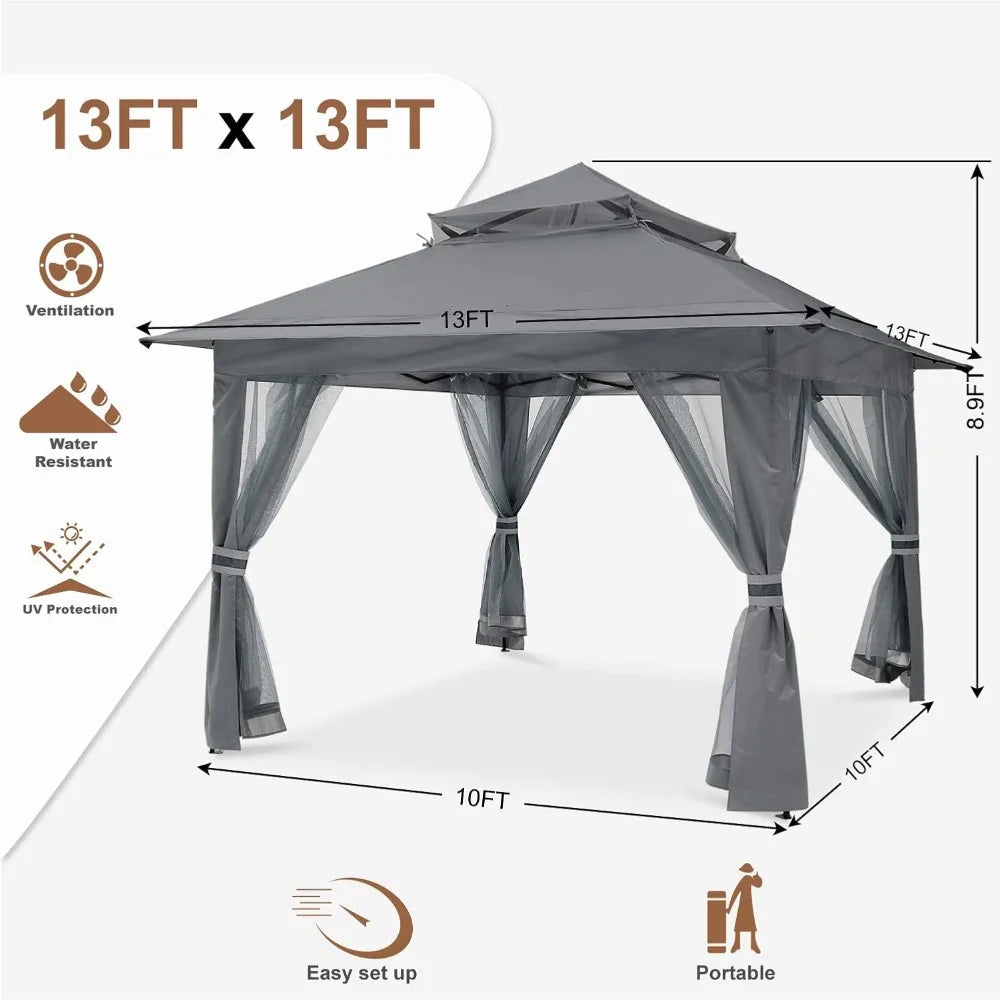 13x13 Pop Up Gazebo with Mesh Walls Outdoor Patio Canopy Sun Shelter Dark Gray, Custom