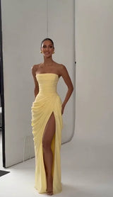 Elegant Yellow Strapless Pleated Dress Women Chic Sleeveless Waist Cinching Split Maxi Gowns Lady Evening Party Dresses 2026 New