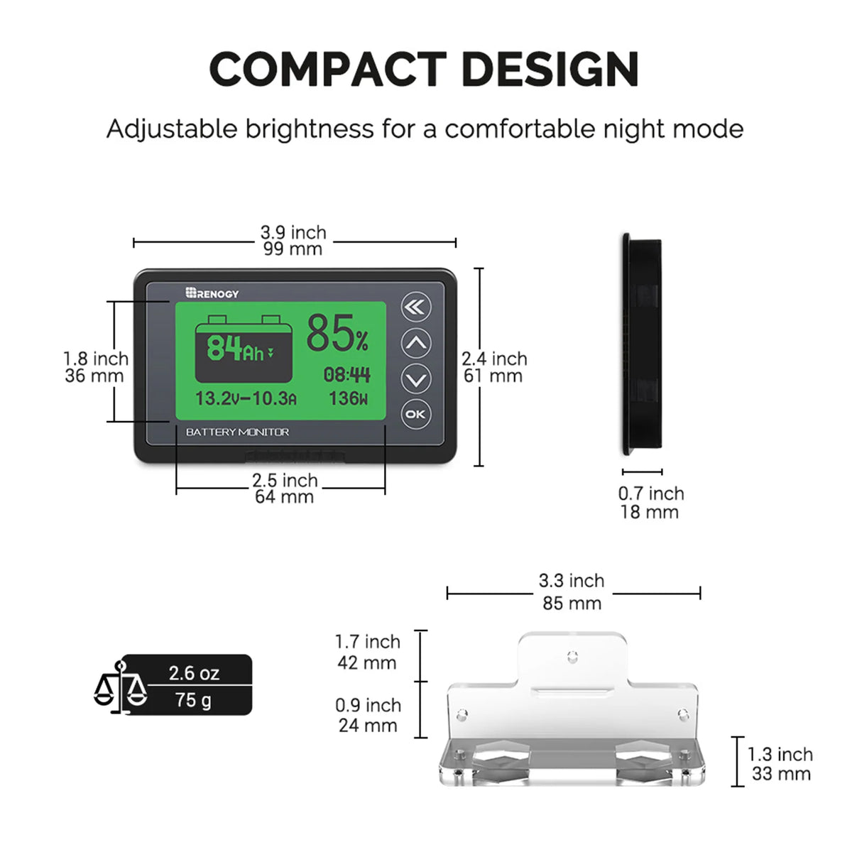 Renogy 500A Battery Monitor with Shunt, High and Low Voltage Programmable Alarm, Range 10V-120V up to 500A