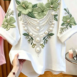Fashion Bead Flower Embroidery Loose Short Sleeved T-shirt 2026 Summer New Lazy Style Casual Top Men's and Women's Clothing