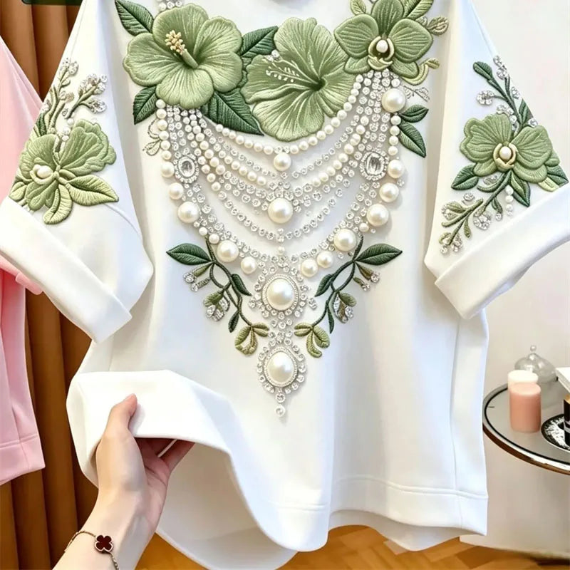 Fashion Bead Flower Embroidery Loose Short Sleeved T-shirt 2026 Summer New Lazy Style Casual Top Men's and Women's Clothing