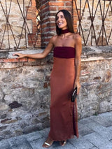 Spaghetti Strap Cape Neck Two Tone Maxi Dress Spaghetti Strap Slimming Sundress 2026 Summer Holiday Chic Ladies Party Vestidos