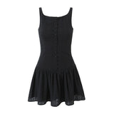 2024 Sexy White Embroidery Lace Low Waist Mini Tank Dress Women Open Buttons Neck Bodycon Sleeveless Ruched Hem Swing Party Robe
