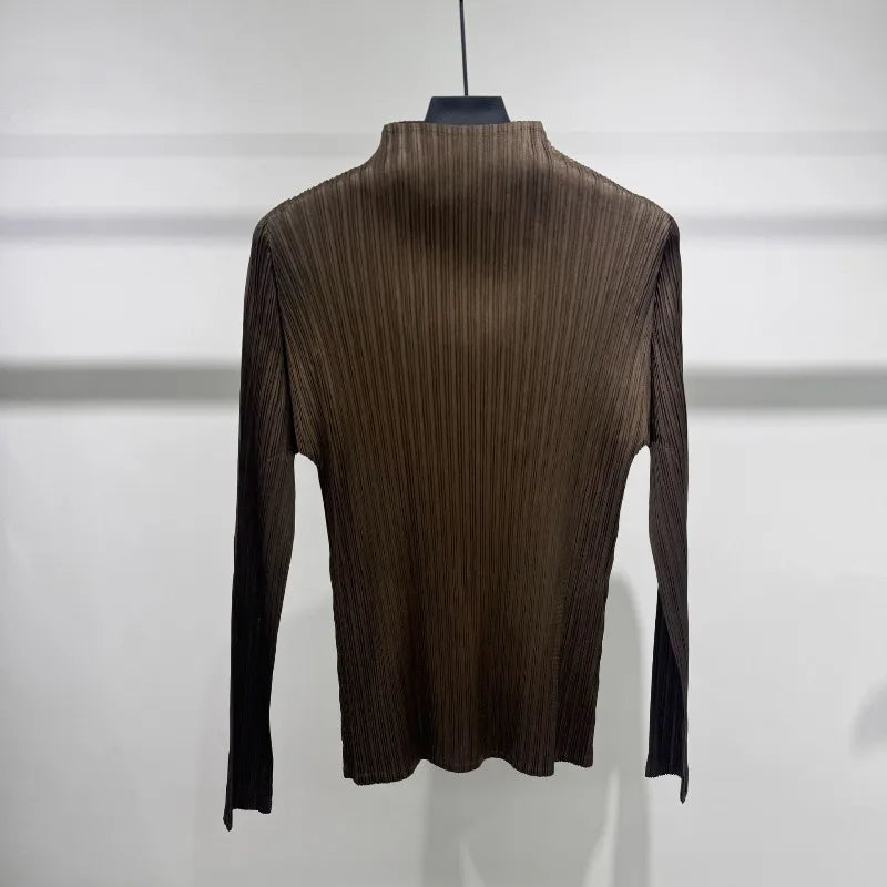 Miyake Pleated Half-High Collar Long Sleeve T-Shirt 2026 New Simple Casual Fashion Base Shirt Stretchy Women's Lightweight Top