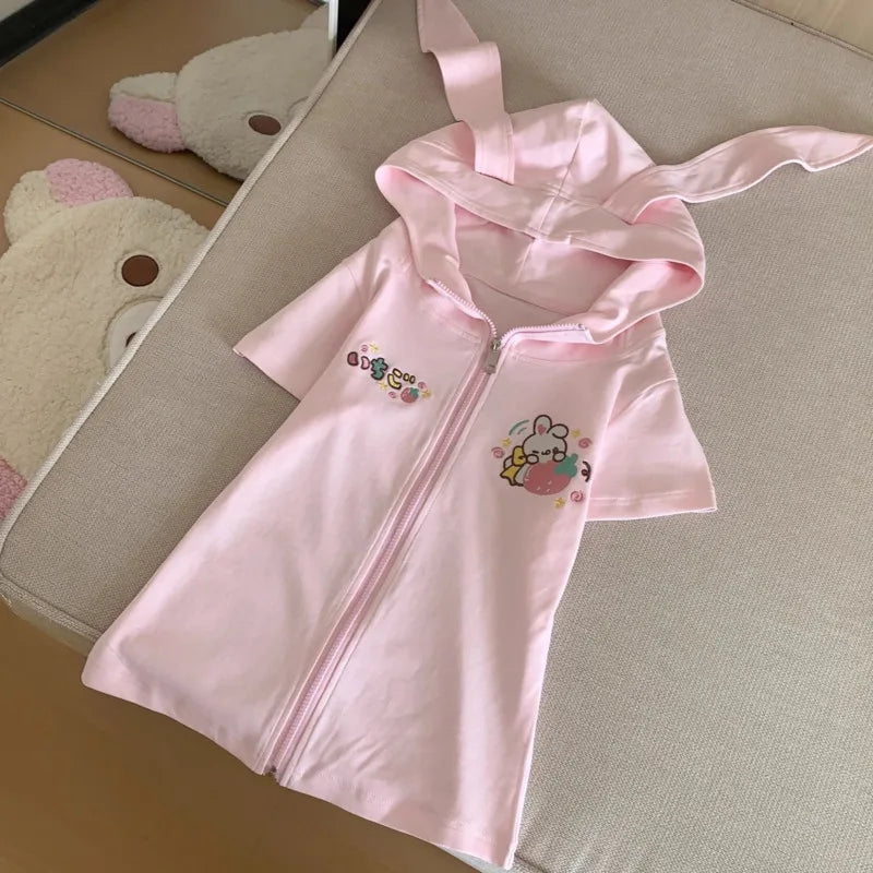 Bunny Embroidered Tops&Tees Hoodies Women Summer Y2K Japanese Soft Girl Cute Ears Hoodies Subcultural Short Sleeve T-shirt New