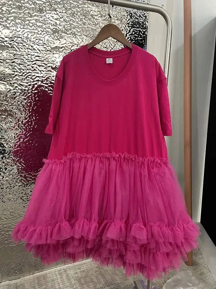 [EWQ] Fashion Streetwear Ball Gown Dress Solid Colors Spliced Irregular Mesh Loose Women Dresses 2025 Summer New Tide 16O6549