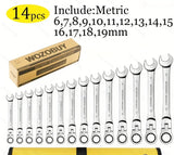 12/14/16/17pcs Flex-Head Ratchet Wrench Set, 6-26mm, 72 Teeth, Cr-V Constructed Combination Ended Span Kit with With Rolling Pou