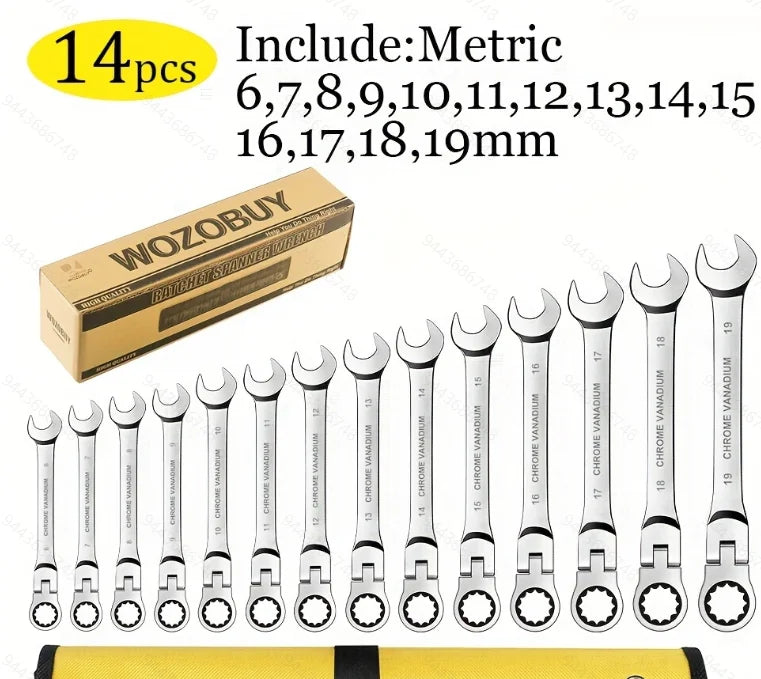 12/14/16/17pcs Flex-Head Ratchet Wrench Set, 6-26mm, 72 Teeth, Cr-V Constructed Combination Ended Span Kit with With Rolling Pou