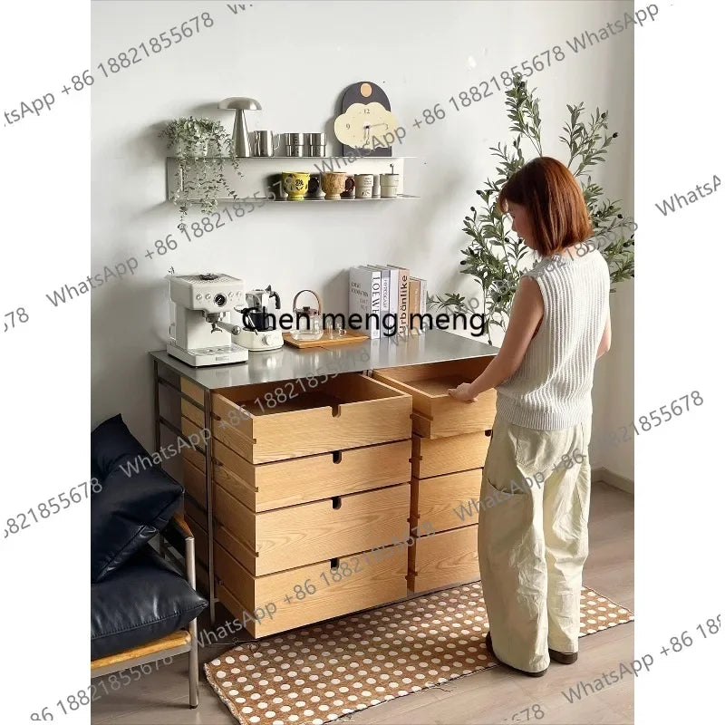 A139 Stainless steel solid wood chest cabinet household multi-layer storage storage living room locker
