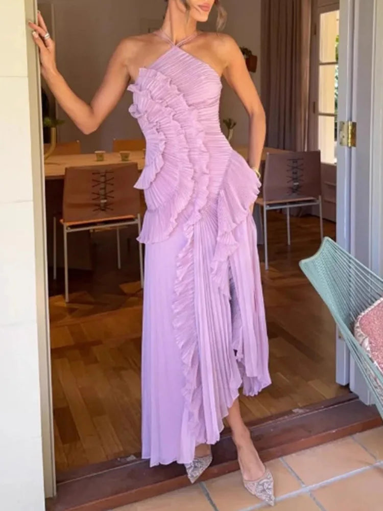 QMQA Fashion Women's Ruched Halter Strapless Backless Dresses Folds Irregular Spliced Ruffles Solid Elegant Dress 2026 New M1032