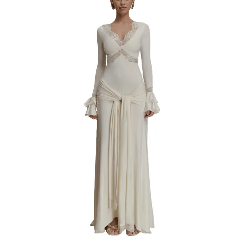 2025 Autumn Long Sleeve Sexy Maxi Dress For Women Fashion Lace Patchwork V Neck Backless Draped Ruched Club Party Long Dress