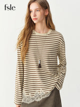 FSLE Yellow Striped Round Neck Drop Shoulder Lace Long Sleeve T-shirt for Women Winter 2026 New Retro Loose Top