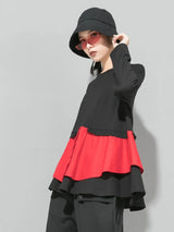 EAM Women Ruffles Hem Big Size Irregular Red T-shirt New Round Neck Long Sleeve Fashion Tide Autumn 2026 1DF1494
