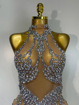 Luxury Rhinestones Mesh Transparent Prom Mini Dress Shinny Women Birthday Celebrate Party Prom Nightclub Outfit Stage Costume