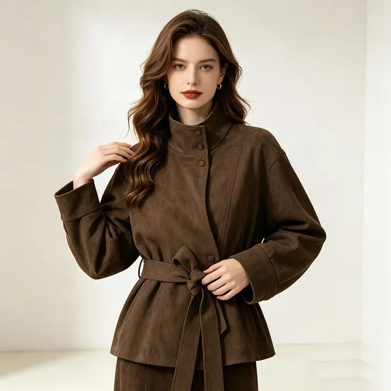 Women's Jacket Coat French Style Fashion Casual Trendy Lace-Up Design Coat for Women