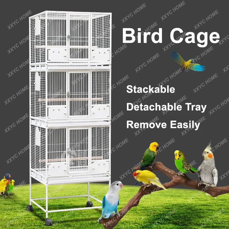 TTLarge Outdoor Bird Aviary Flight Metal Triple Parrot Breeding Stackable Bird Cage For Finches With Wheel