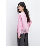 VIMLY Women‘s Casual T Shirts 2026 Spring New Fashion Round Neck Contrast Lace Trim Versatile Loose Fit Long Sleeve Top A3980