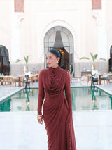 Solid Draped Neckline Long Dress Women Elegant Full Sleeve Cinched-waist Pleated Bodycon Robe 2026 Lady Chic Evening Dinner Gown