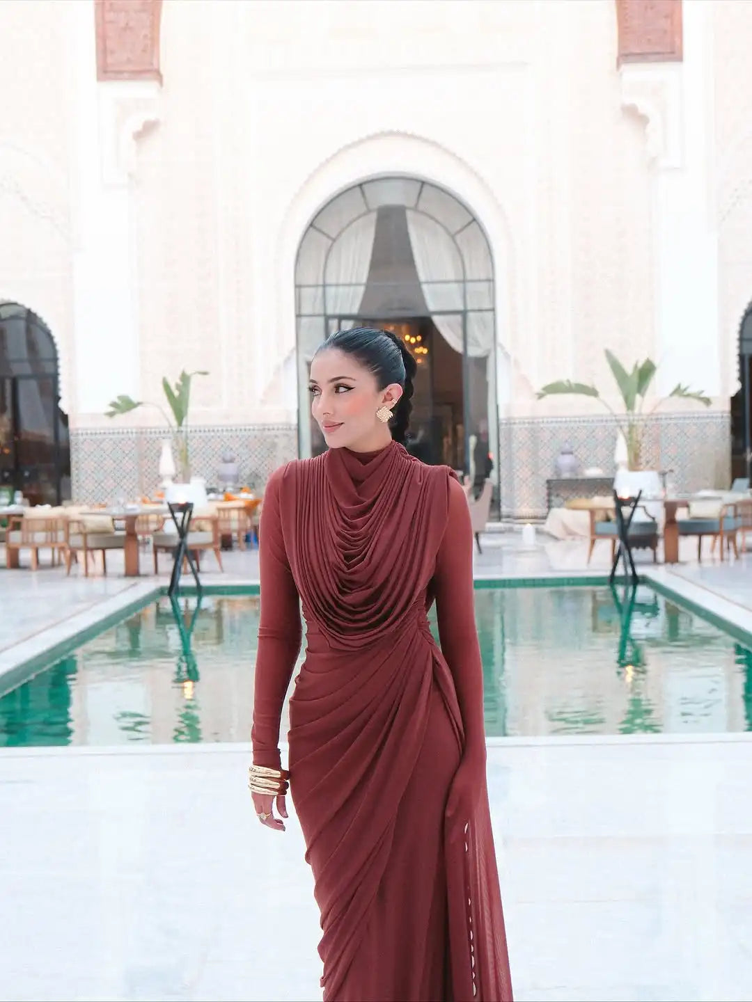 Solid Draped Neckline Long Dress Women Elegant Full Sleeve Cinched-waist Pleated Bodycon Robe 2026 Lady Chic Evening Dinner Gown
