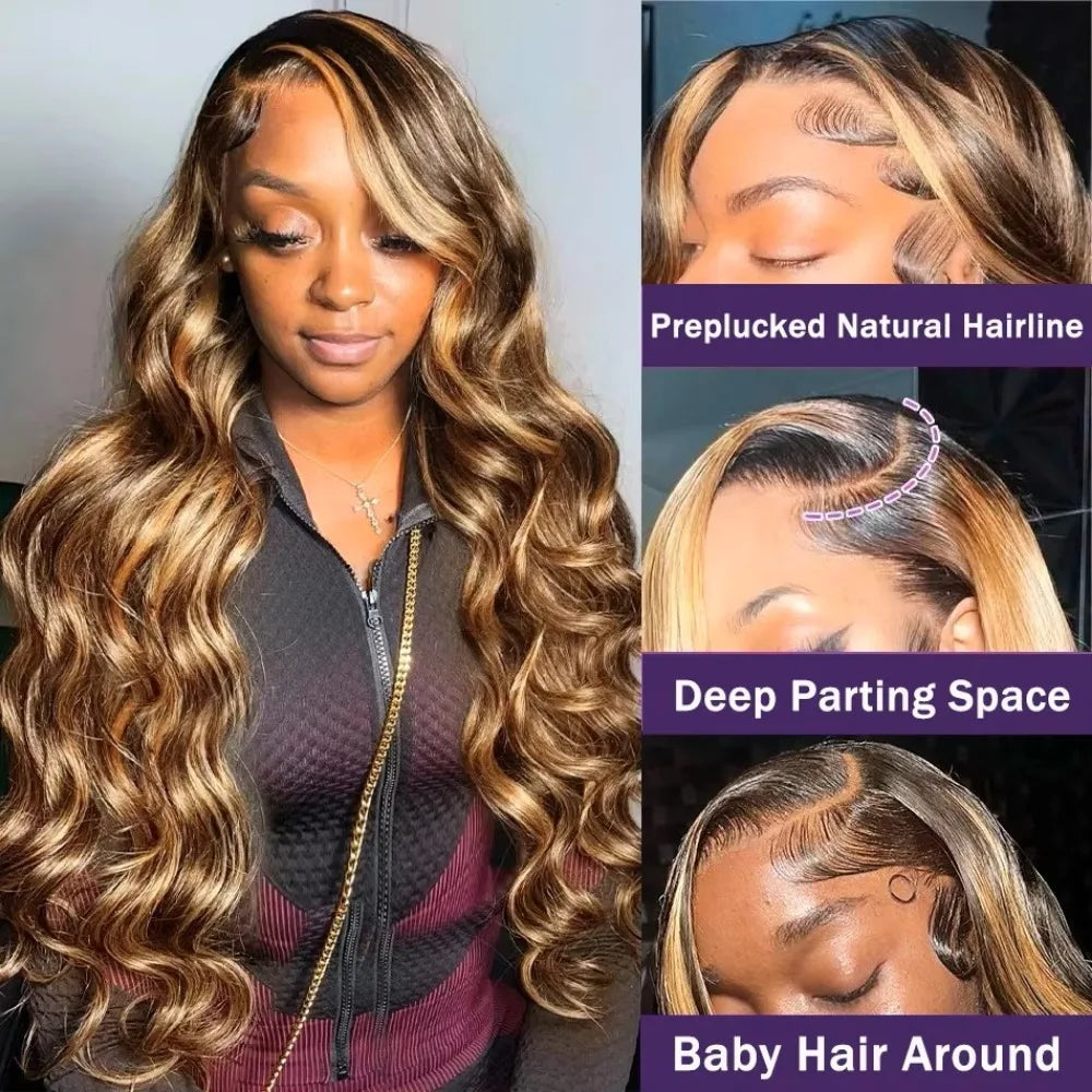 220% Density Lace Front Wigs Human Hair Body Wave P4/27 Highlight 13x4 13x6 HD Lace Frontal Colored 40 46 Inch Human Wig