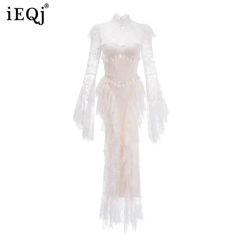 IEQJ Summer Stand Collar Lace Tassel Hollow Out Flare Sleeve Dress Women Boned Waist Tiered Mermaid Dresses New 3A2709