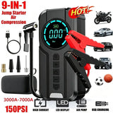 10000mAh Jump Starter Power Bank 3000-7000A with Air Compressor And Lighting Features for Car Battery Starter And Tyre Inflating