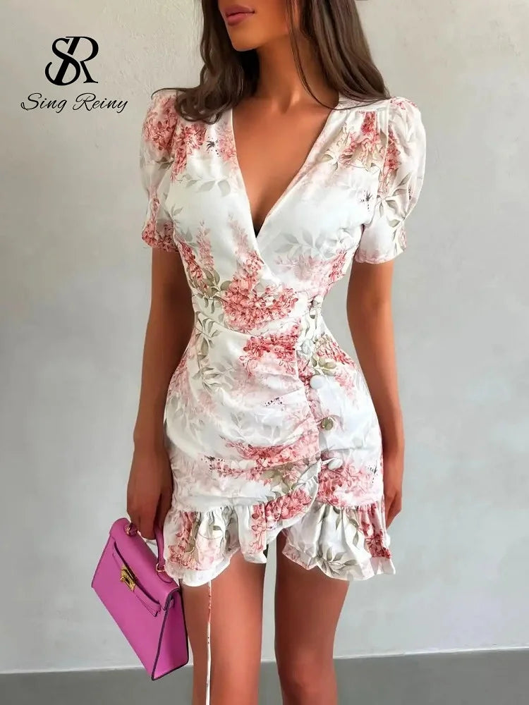 SINGREINY Elegant Floral Printed Mini Dress Women V-neck Short Sleeves Hotsweet Ruffle Sundress 2026 Lady Summer Vacation Dress
